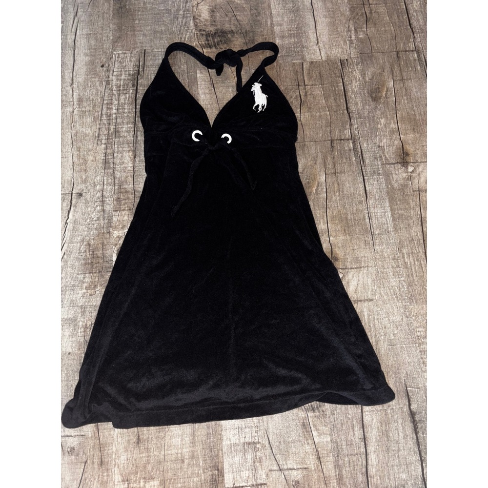 Ralph Lauren Black Velour Big Pony Halter Neck Beach Cover Up Dress Womens M